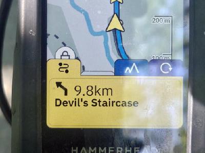 The Devils Staircase, Abergwesyn Road Hammerhead cycling computer mounted on handlebars displaying 9.8km to the Devil's Staircase