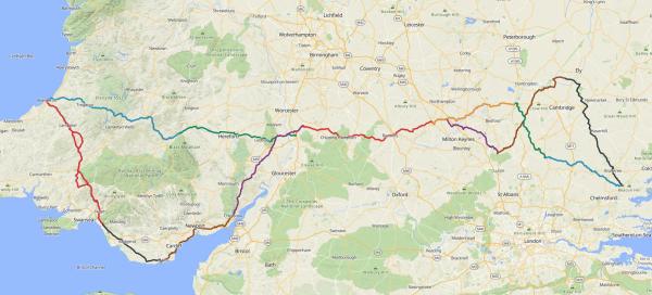 Map showing 1000km circular Audux route starting and finishing in Witham, heading north through Buckinghamshire and Bedfordshire, west through Northamptonshire and Worcestershire into Wales via Hay-on-Wye, then south along the Welsh coast to Aberaeron and Port Talbot, east through South Wales to Chepstow, returning via Pershore, Towcester, St Neots and Buntingford over four days.