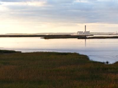 kingsnorth.jpg A wide estuarine landscape showing tidal flats and saltmarsh areas with patches of golden-brown vegetation in the foreground, expanses of water, and what appears to be an industrial facility with a tall chimney or tower visible in the distance across the water under a cloudy sky.