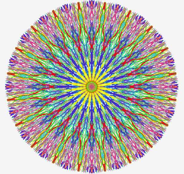 A saturated mandala of branching red, blue and green filament lines with a yellow sunburst centre, resembling a neural network or fractal crystal lattice